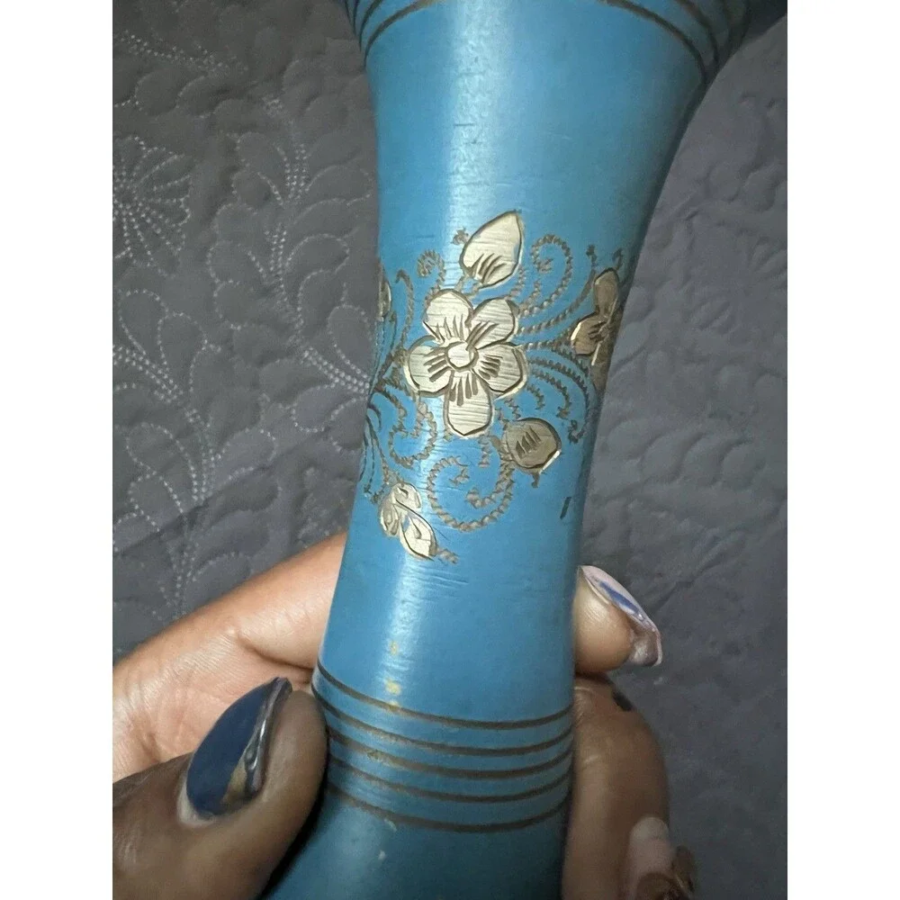 VTG Kashmiri Blue Enamel Brass Vase Hand-Etched Gold Floral Design Home Accent